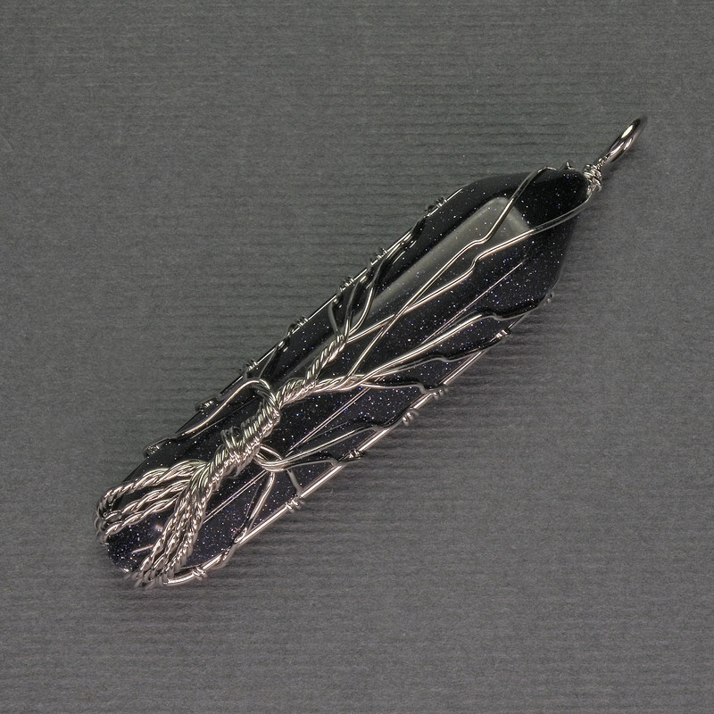 Aventurine «Cairo Night» Hexagon Crystal Pendant 12x50x57mm+/- in Silver-Tone Wire Wrap