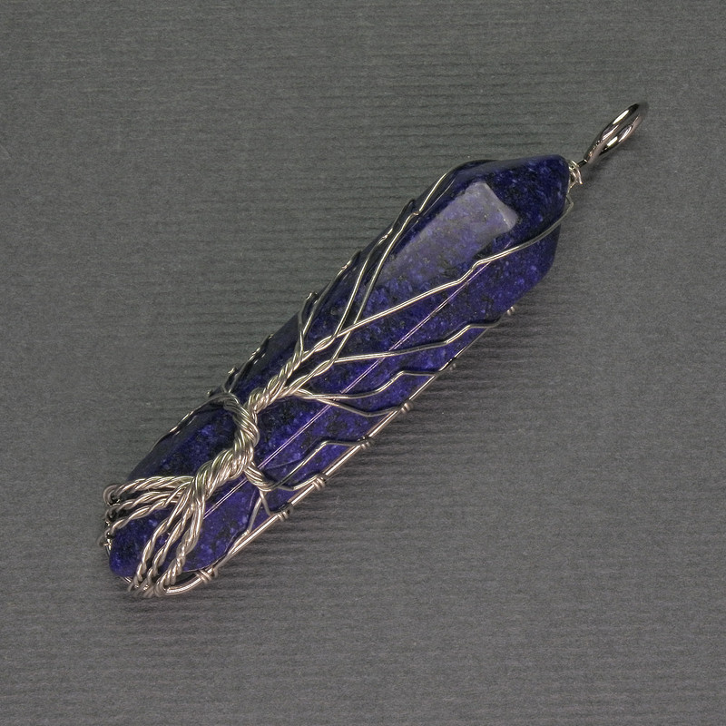 Lapis Lazuli Hexagon Crystal Pendant 12x50x57mm+/- in Silver-Tone Wire Wrap