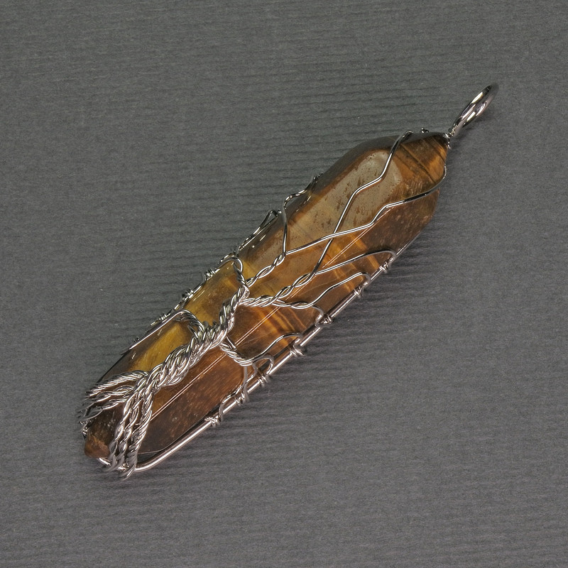Tiger's Eye Hexagon Crystal Pendant 12x50x57mm+/- in Silver-Tone Wire Wrap