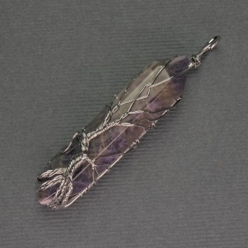 Amethyst Hexagon Crystal Pendant 12x50x57mm+/- Silver-Tone Wire Wrap
