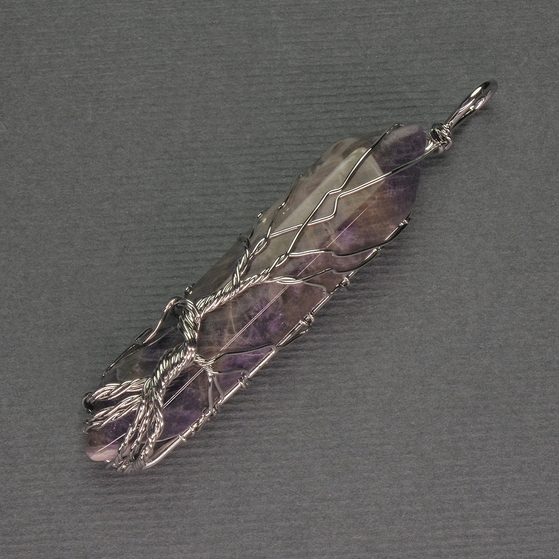 Amethyst Hexagon Crystal Pendant 12x50x57mm+/- Silver-Tone Wire Wrap