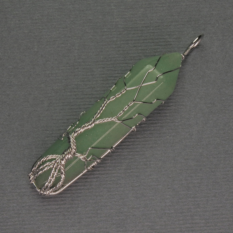 Jade Hexagon Crystal Pendant 12x50x57mm+/- Silver-Tone Wire Wrap