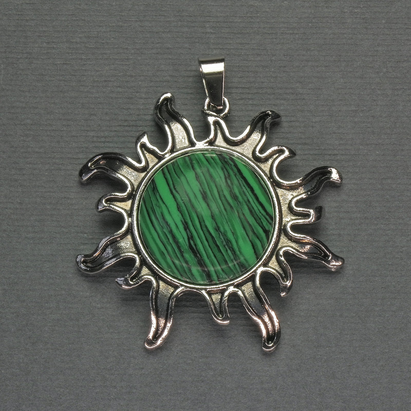 Malachite Sun Pendant 42mm+-, length 48mm+-, Silver-Tone Metal