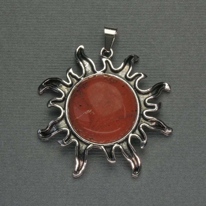 Sun Pendant Red Jasper 42mm+-, length 48mm+- silver-tone metal