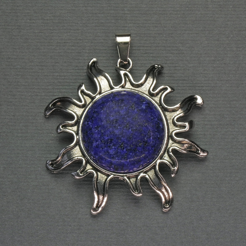 Lapis Lazuli Sun Pendant 42mm+/-, Length 48mm+/-, Silver-Tone Metal