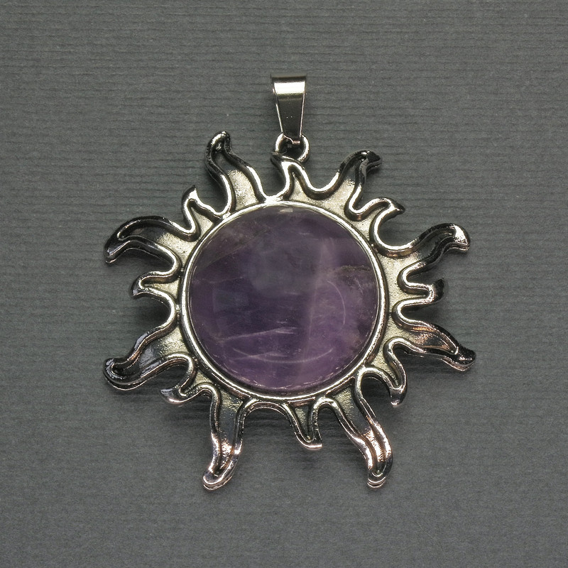Amethyst Sun Pendant 42mm+-, length 48mm+-, Silver-Tone Metal