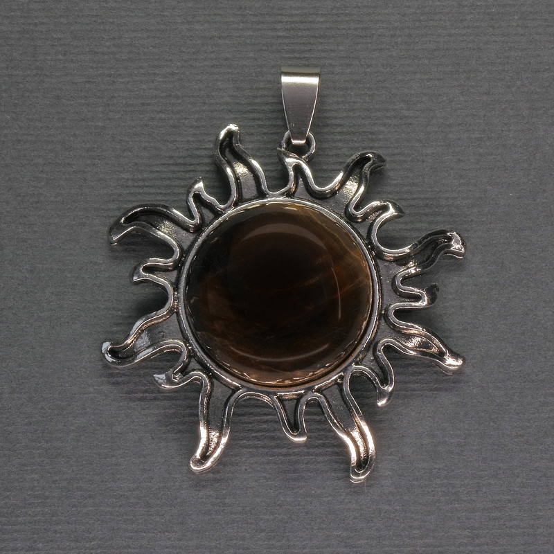 Sun Pendant Tiger's Eye, diameter 42mm+-, length 48mm+- silver-tone metal