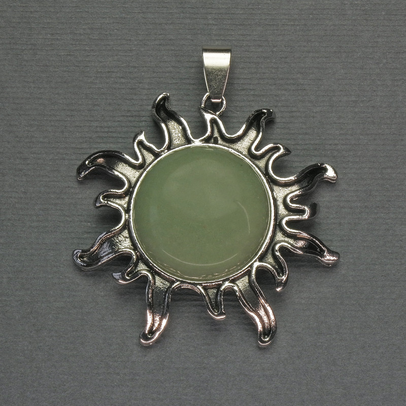 Jade Sun Pendant, Natural Stone, diameter 42mm+-, length 48mm+-, Silver-Tone Metal