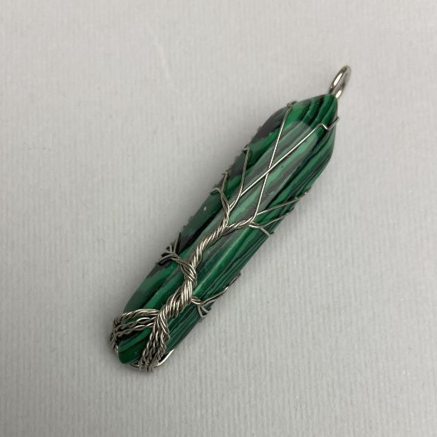 Malachite Hexagon Crystal Pendant, 12x50x57mm+- in Silver-Tone Wire Wrap