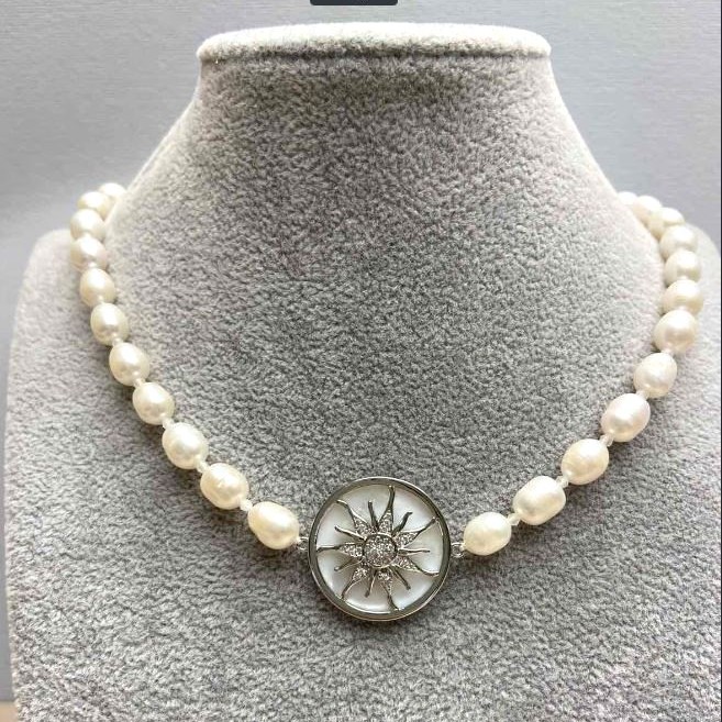River Pearl Oval Necklace, 10x7mm+- with Mother-of-Pearl Sun Inlay 25mm+-, Length 46cm+-, Silver-Tone Clasp