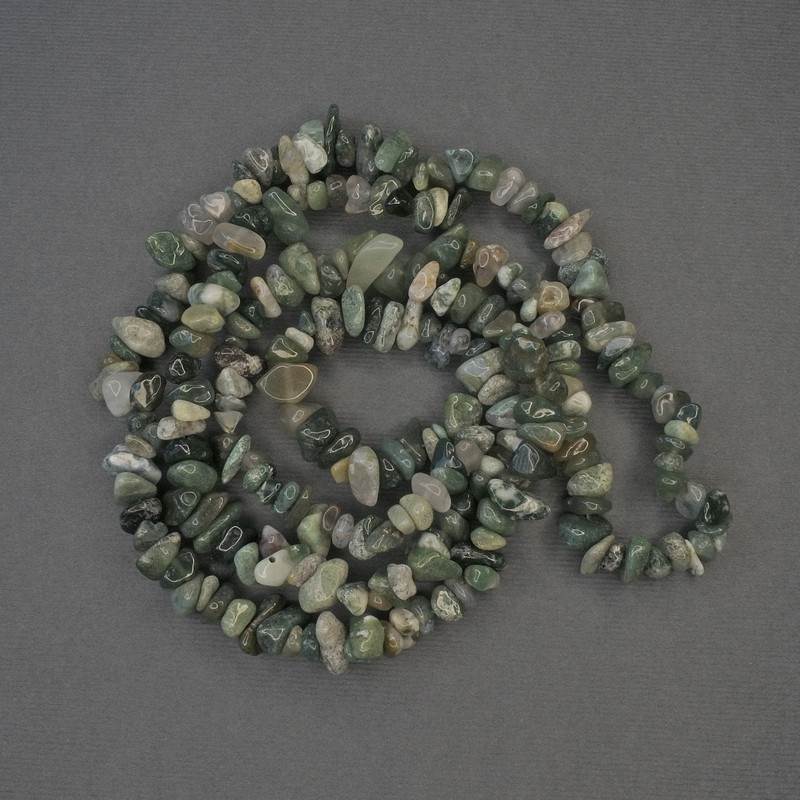 Moss Agate Chip Beads, 5-10x3-5mm+- on Fishing Line, Length 80cm+