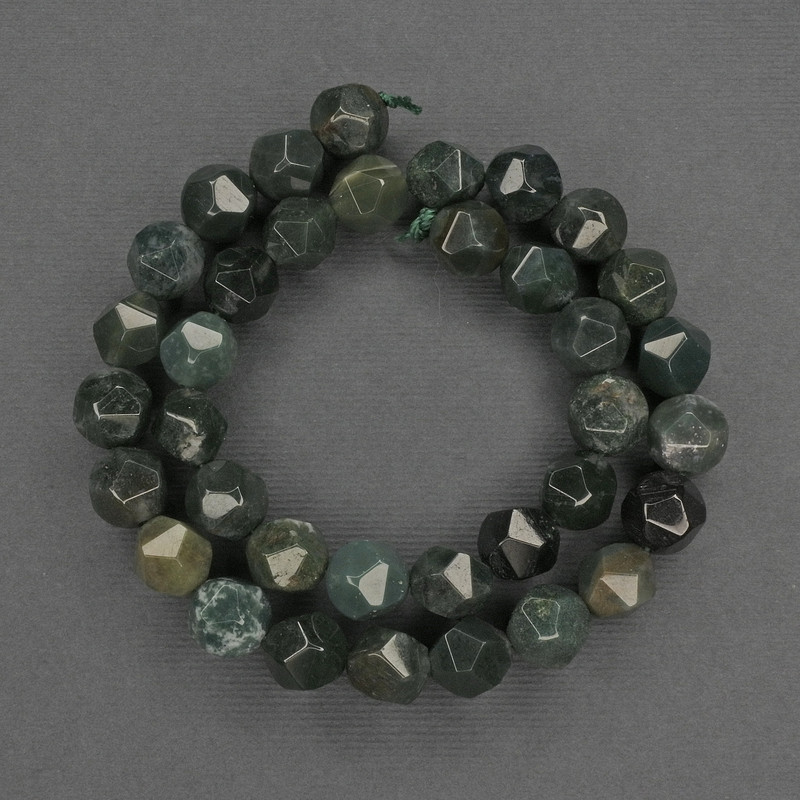 Green Jasper Beads, Faceted Polygon, Diameter 10mm+/- on a Strand, Length 37cm+