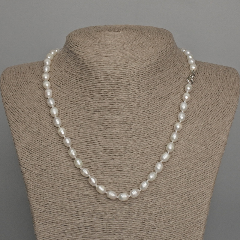 Necklace of Natural Oval River Pearls, Diameter 8x6mm+/-, Length 46cm+/- with Clasp