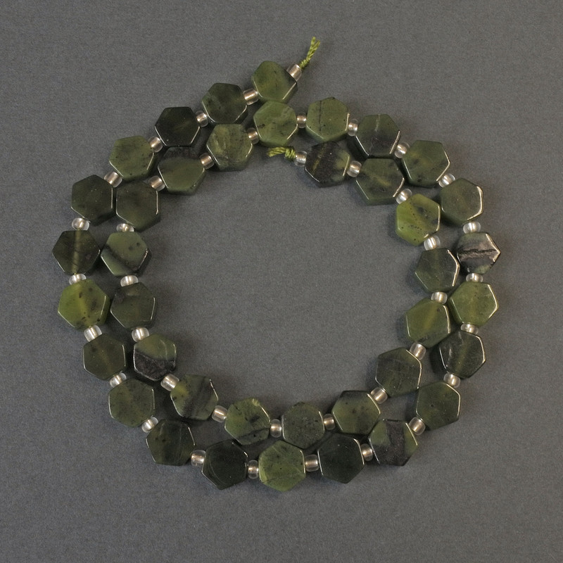 Canadian Jadeite Honeycomb Beads, diameter 8mm+- with 3mm+- seed beads, length 40cm+- on a thread