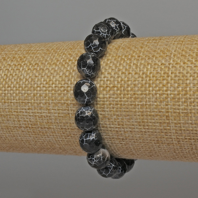 Black Fire Agate Faceted Round Bracelet, Diameter 9.5mm+/-, Length 18cm+/- Stretch
