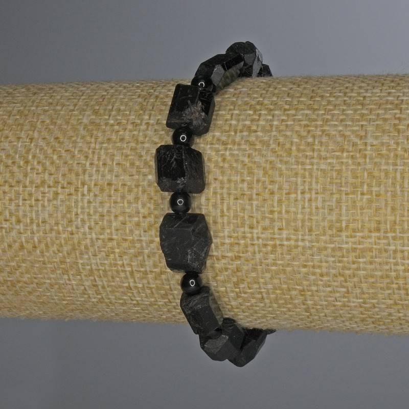 Schorl Tourmaline Raw Tumbled Bracelet, diameter 12x8mm+/-, bead 4mm+/-, length 18cm+/- stretch