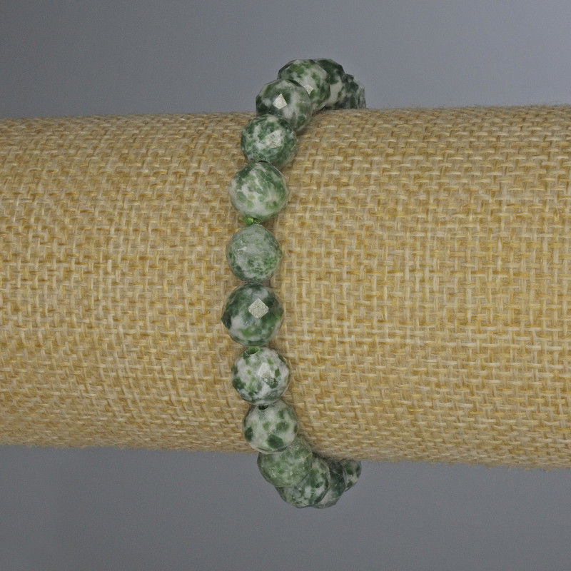 Moss Agate Bracelet, Faceted Round Beads, Diameter 8mm+-, Length 18cm+- Stretch