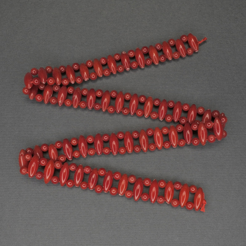 Coral Beads Double Strand Rice, diameter 13x5mm+- smooth round, diameter 4mm+-, length 40cm+- on a thread