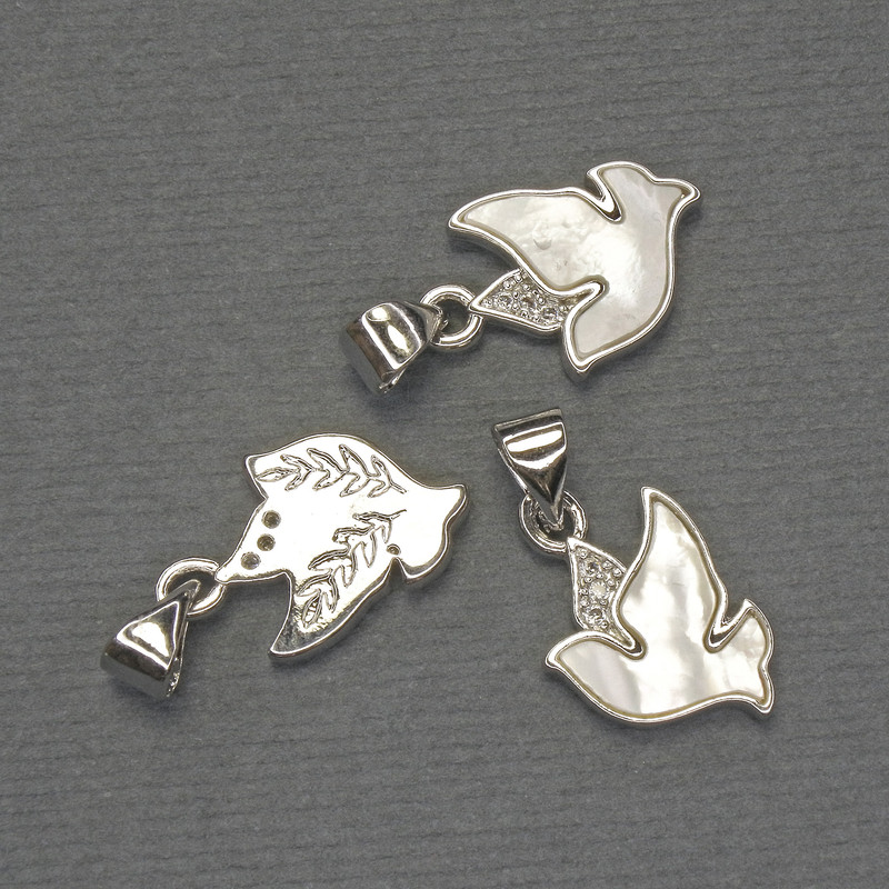Mother-of-Pearl Bird Pendant, White Rhinestones, Silver-Tone Metal, Diameter 17x11mm+/-, Length 20mm+