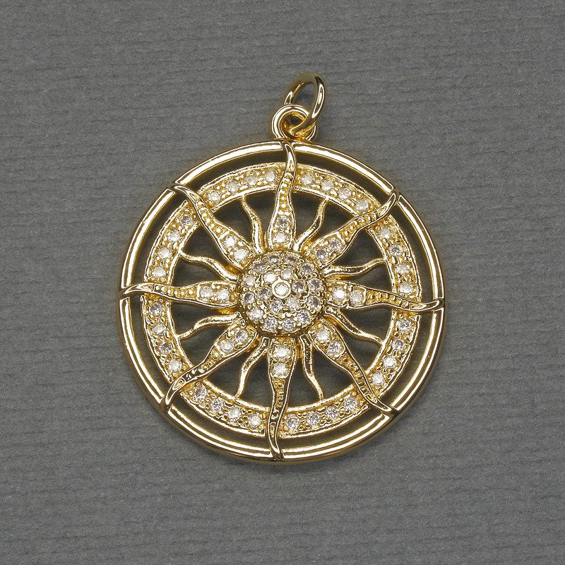 Pendant Compass Rose White Rhinestones Gold-Tone Metal, Diameter 25mm+/-, Length 30mm+
