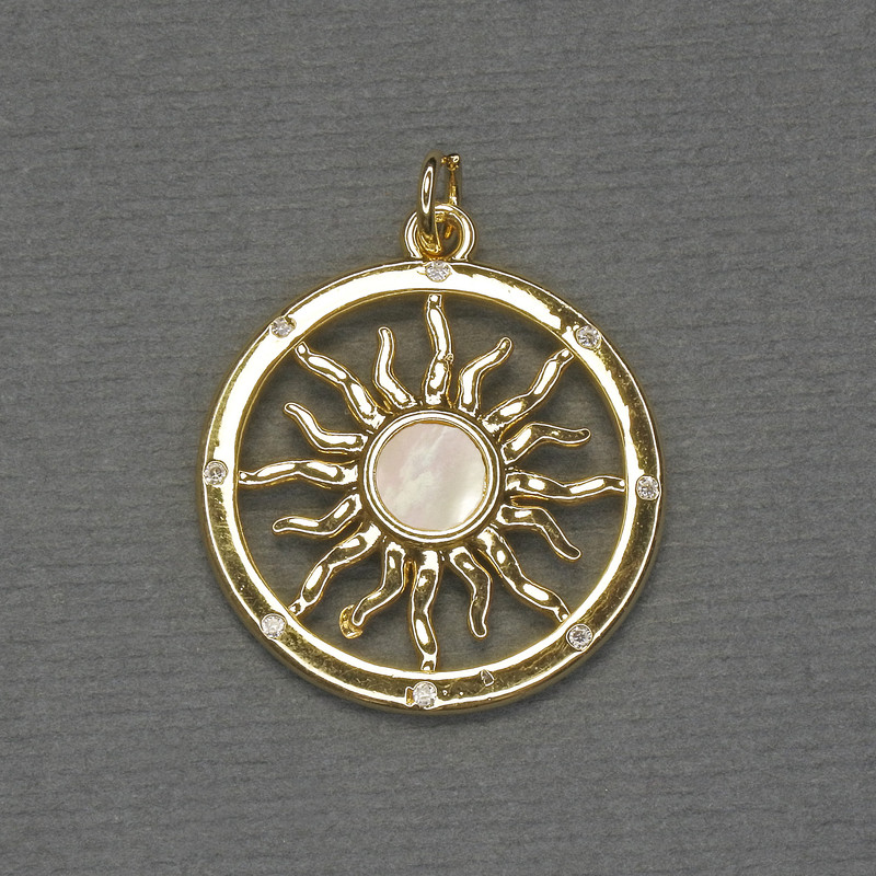 Mother-of-Pearl Star Pendant, White Rhinestones, Gold-Tone Metal, Diameter 22mm+/-, Length 28mm+