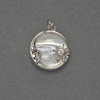 Pendant Mother-of-Pearl Circle, Silver-Tone Metal, Diameter 16mm+/-, Length 20mm+