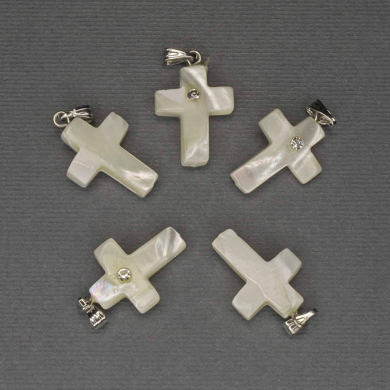 Pendant Mother-of-Pearl Cross 30x20x15mm+- White Rhinestones Silver-Tone Metal