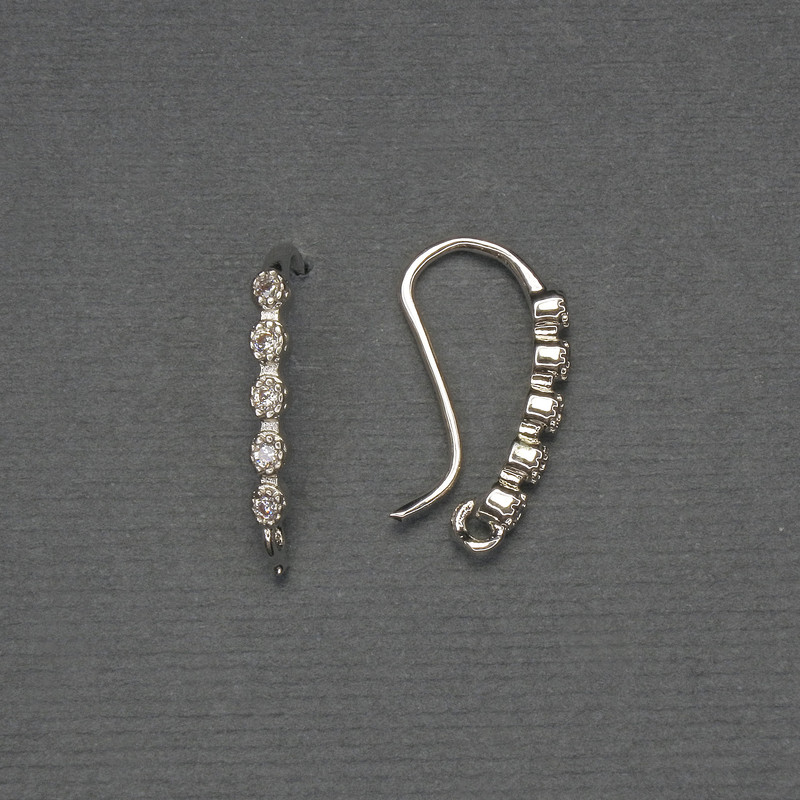 Earring Hooks White Rhinestones Silver-Tone Metal 19x2mm+ - Pair