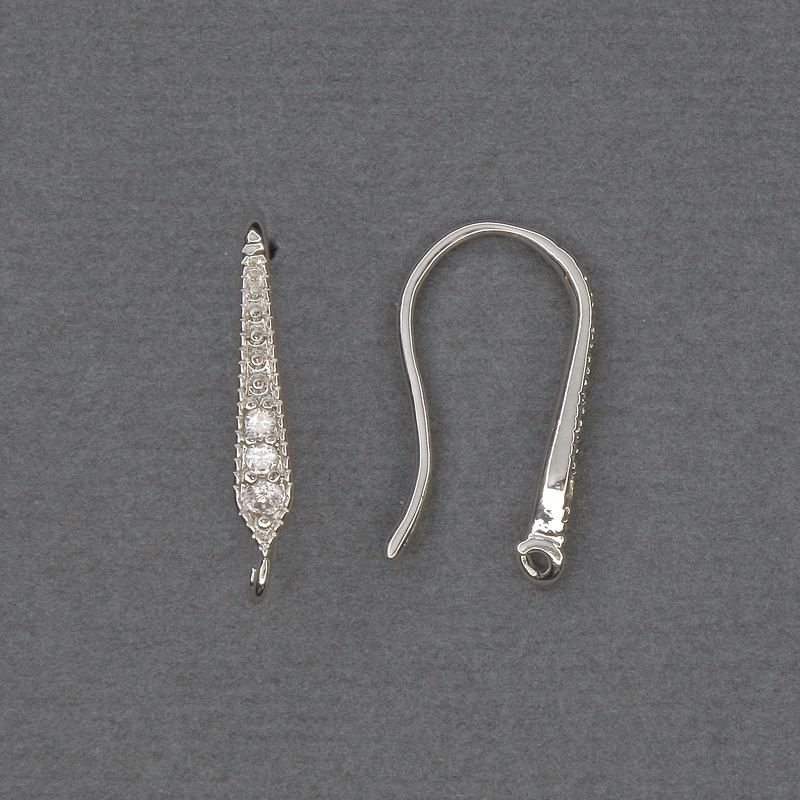 Earring Hooks White Rhinestones Silver-Tone Metal 18x3mm+ - Pair