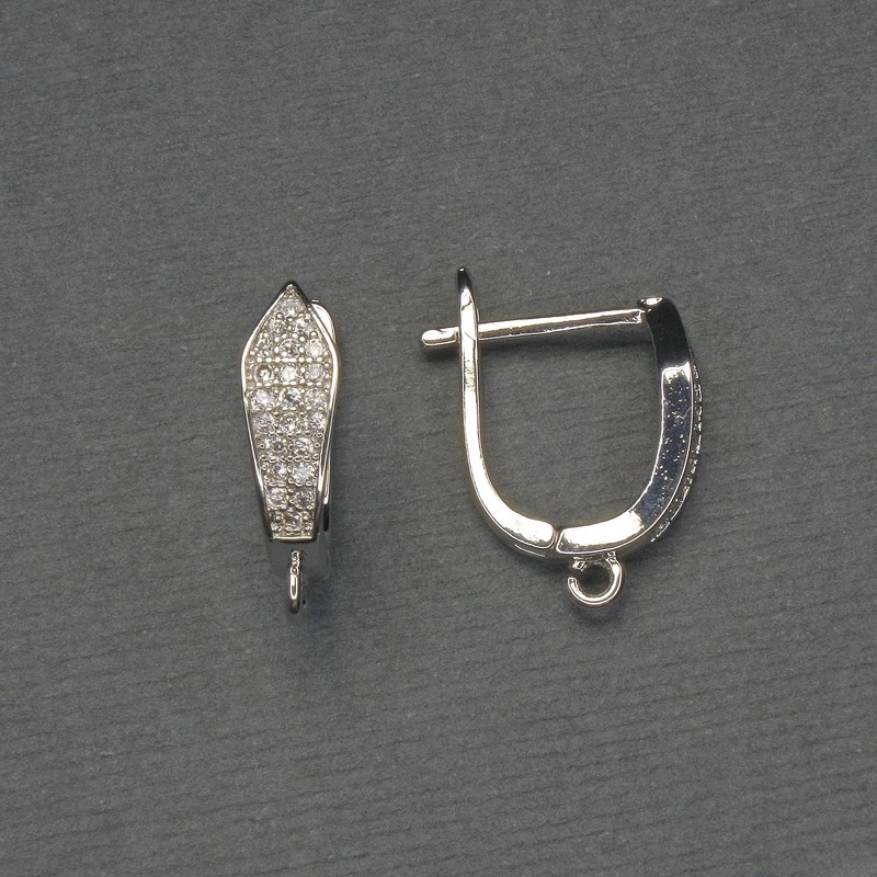Earring Hooks White Rhinestones Silver-Tone Metal 16x5mm+ - Pair