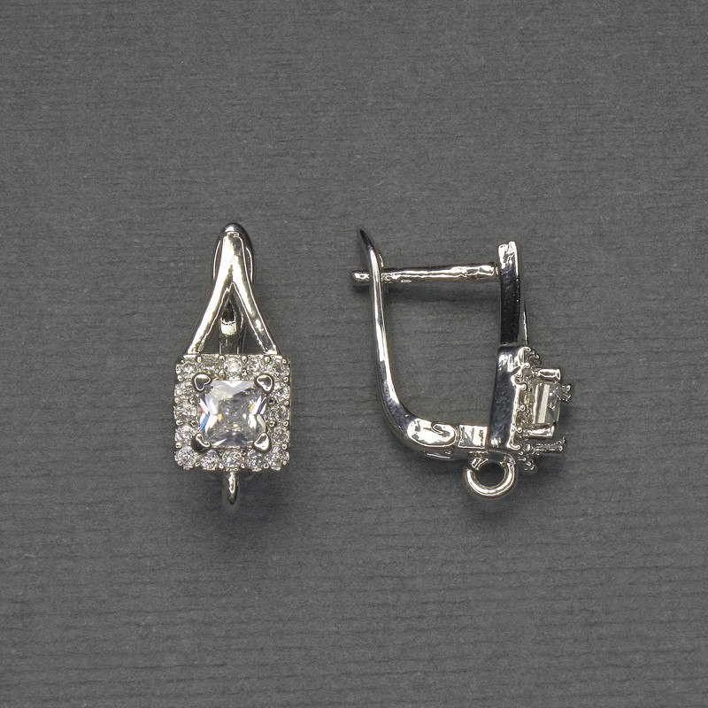 Earring Hooks White Rhinestones Silver-Tone Metal 17x7mm+ - Pair