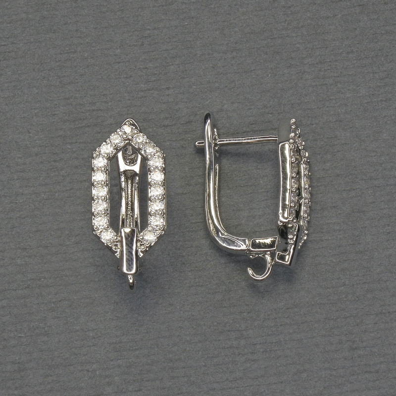 Earring Hooks White Rhinestones Silver-Tone Metal 17x8mm+ - Pair
