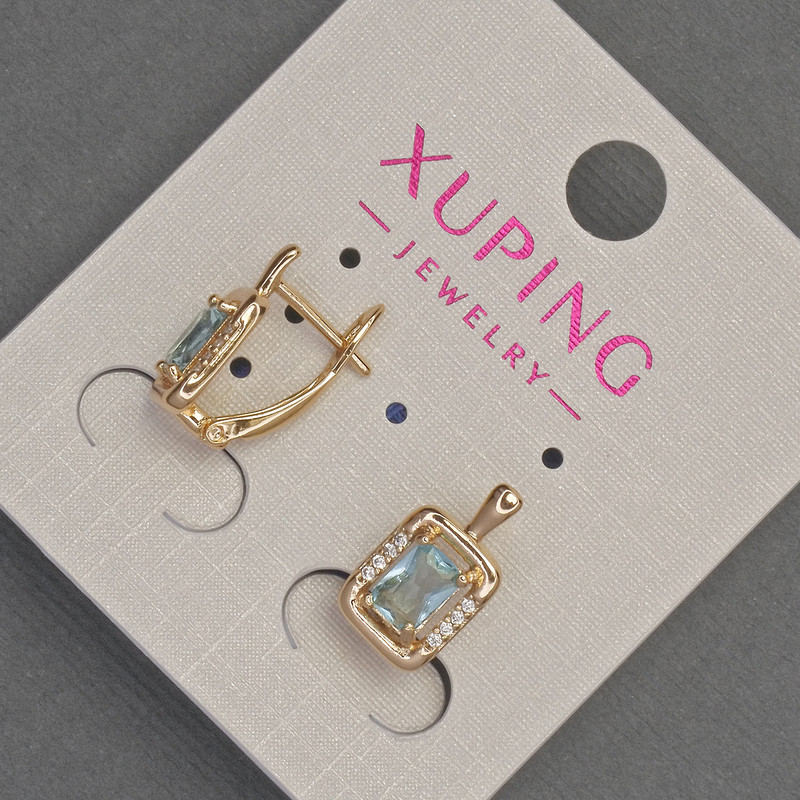 Xuping Earrings with White Rhinestones and Sky-Blue Crystal, Diameter 8mm+/-, Length 14mm+/- 18K Gold Plating