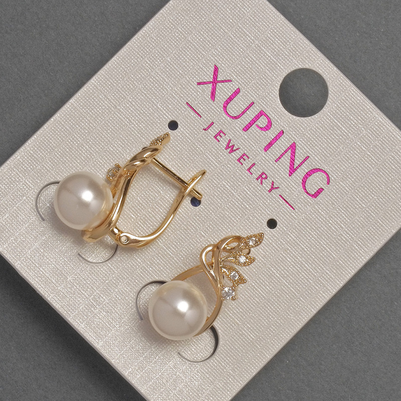 Xuping Earrings with White Rhinestones and Majorca Pearl, Diameter 8mm+/-, Length 20mm+/- 18K Gold Plating