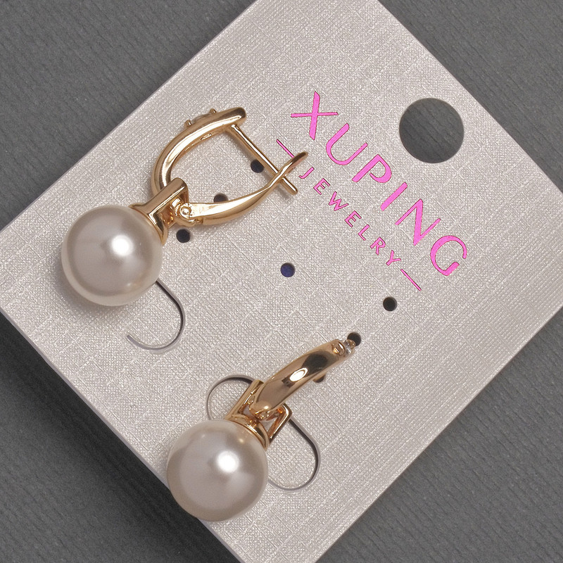 Xuping Earrings with White Rhinestones and Majorca Pearl, Diameter 10mm+/-, Length 26mm+/- 18K Gold Plating