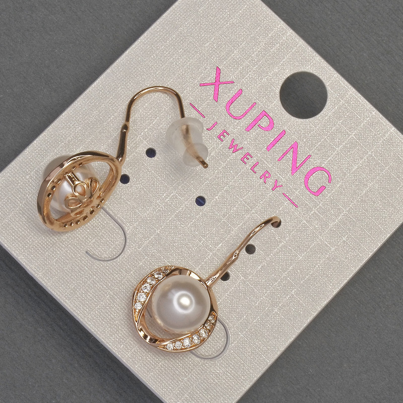 Xuping Earrings with White Rhinestones and Majorca Pearl, Diameter 13mm+/-, Length 27mm+/- 18K Gold Plating