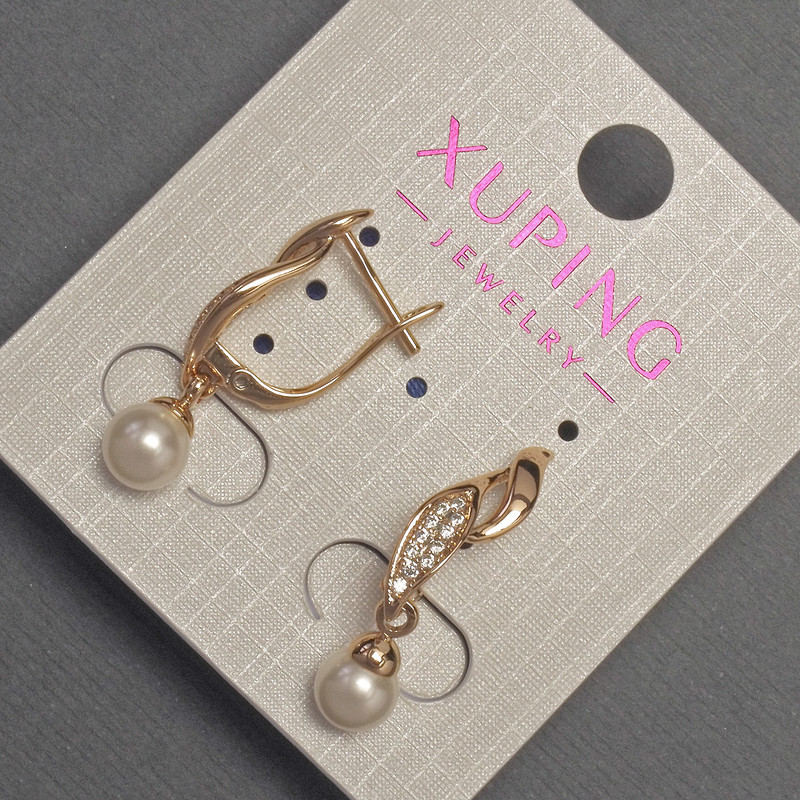 Xuping Earrings with White Rhinestones and Majorca Pearl Bead, diameter 6mm+-, length 27mm+- 18K Gold Plated