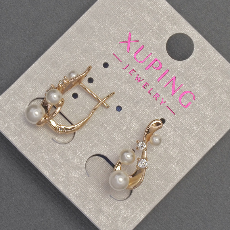 Xuping Earrings with White Rhinestones and Majorca Pearl Beads, diameter 5-4-3mm+/-, length 20mm+/- 18K Gold Plating