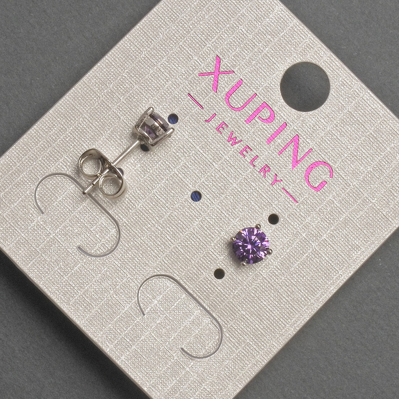 Xuping Stud Earrings with Purple Crystal, Diameter 5mm+- Rhodium