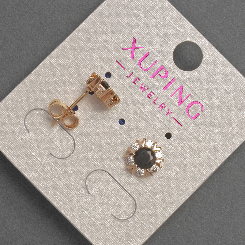 Xuping Stud Earrings with White and Black Rhinestones, Diameter 8.5mm+- 18K Gold Plating