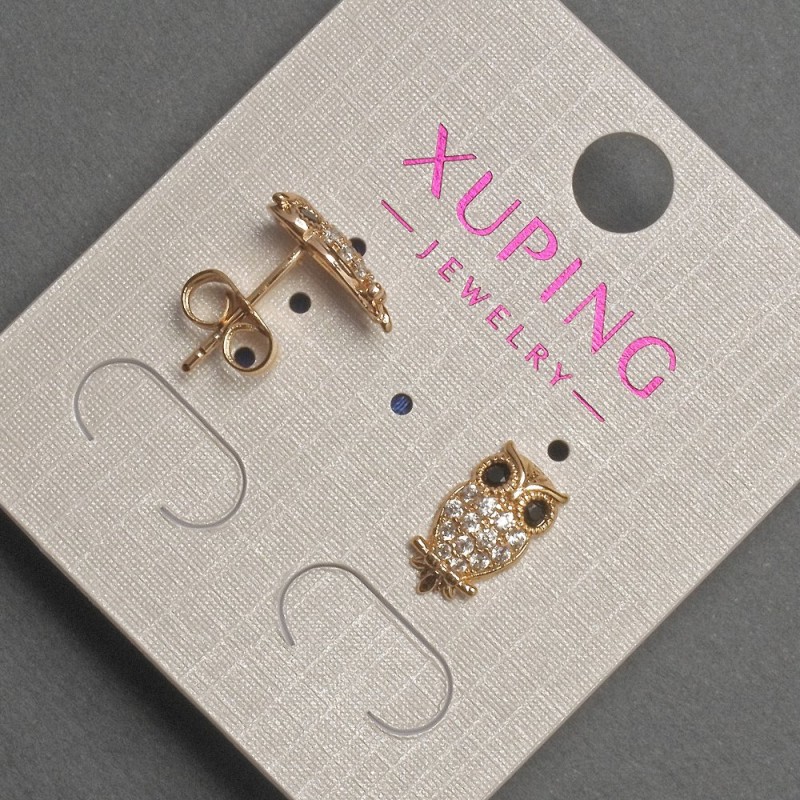 Xuping Owl Stud Earrings with White and Black Rhinestones, Diameter 7mm, Length 12mm+- 18K Gold Plating