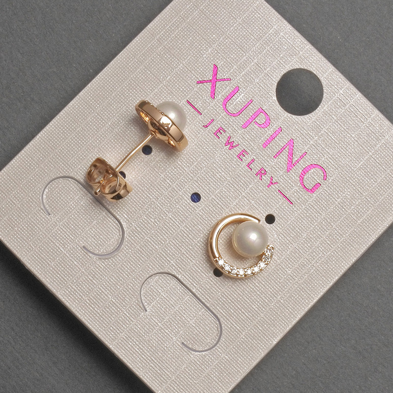 Xuping Stud Earrings with White Rhinestones and Pearl, Diameter 5mm, Length 10mm+- 18K Gold Plated