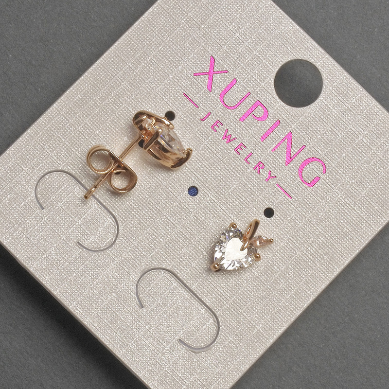 Xuping Heart Stud Earrings with White Crystal, 7x10mm+/- 18K gold plating