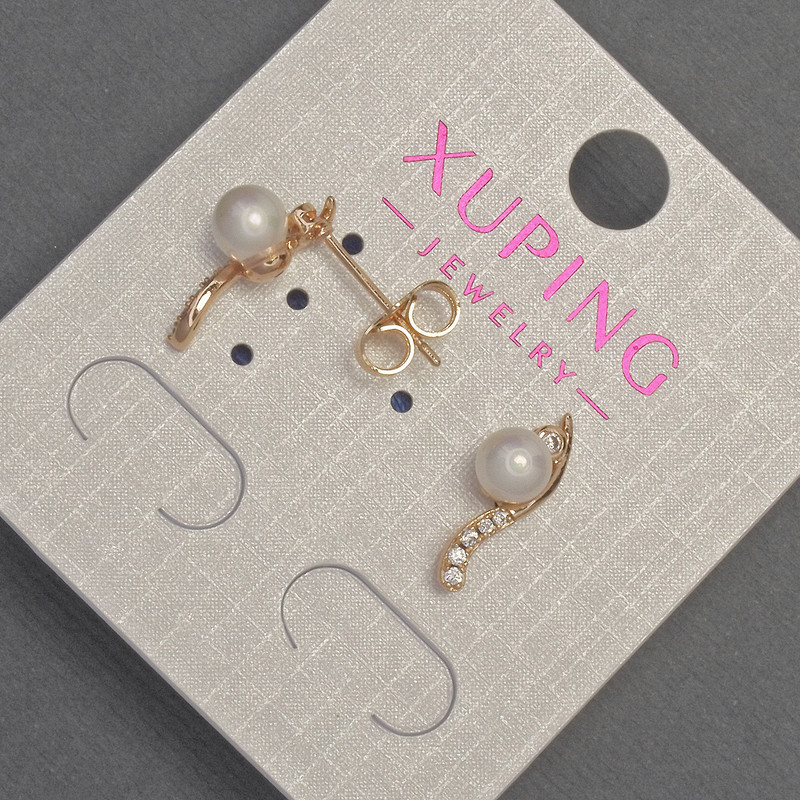 Xuping Stud Earrings with White Rhinestones and a Pearl, diameter 5mm, length 15mm+- 18K Gold Plated