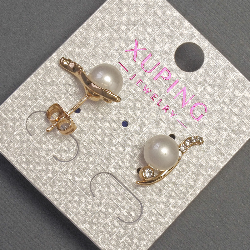 Xuping Stud Earrings with White Rhinestones and a Pearl, diameter 9mm, length 20mm+- 18K Gold Plated
