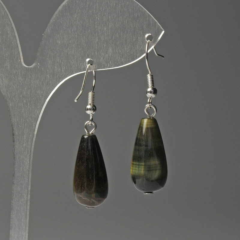 Tiger's Eye Drop Earrings, Diameter 10x25mm+/-, Length 40mm+
