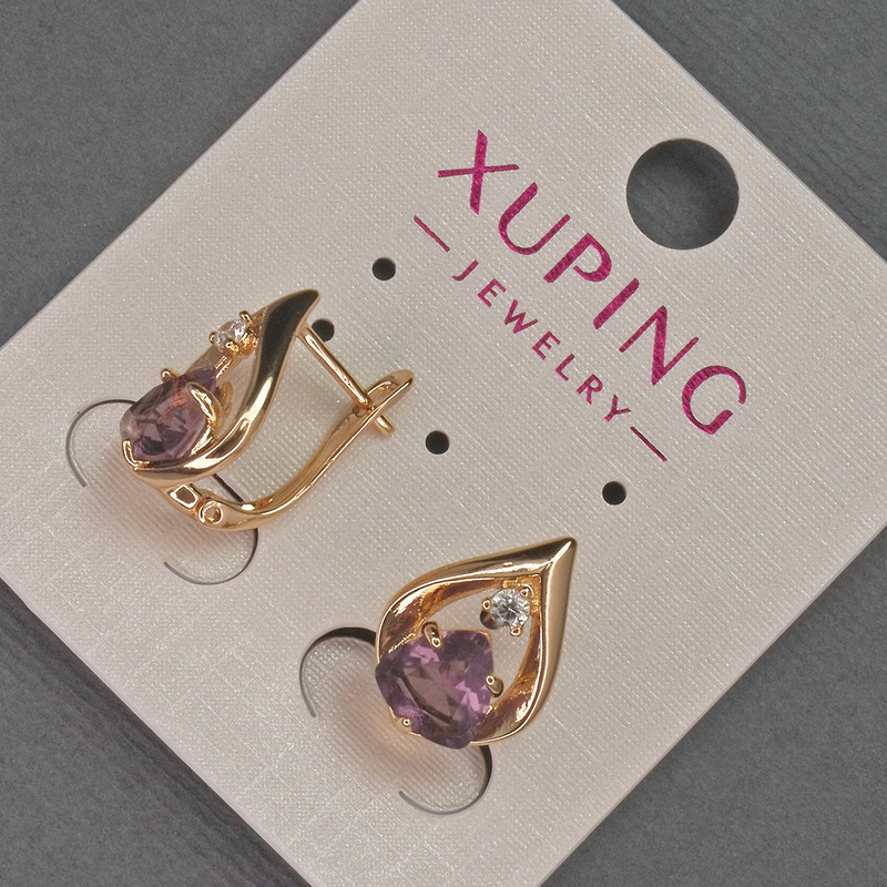 Xuping Earrings with White Rhinestones and Purple Crystal, diameter 11mm+/-, length 16mm+/- 18K Gold Plated