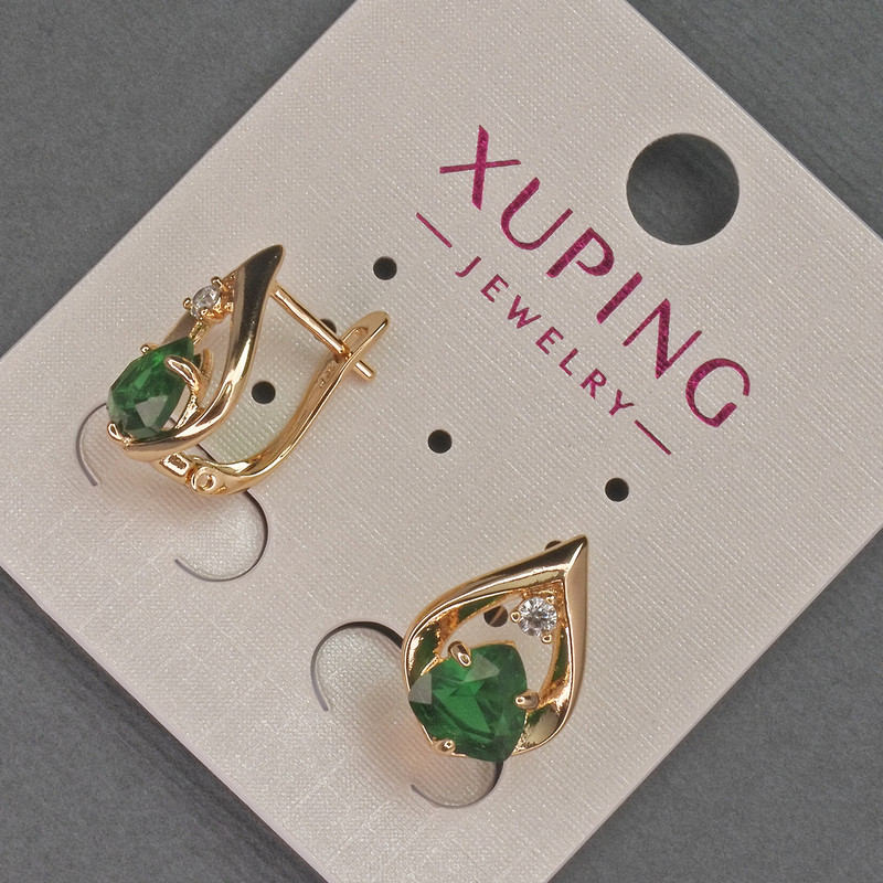 Xuping Earrings with White Rhinestones and Green Crystal, diameter 11mm+/-, length 16mm+/- 18K Gold Plated