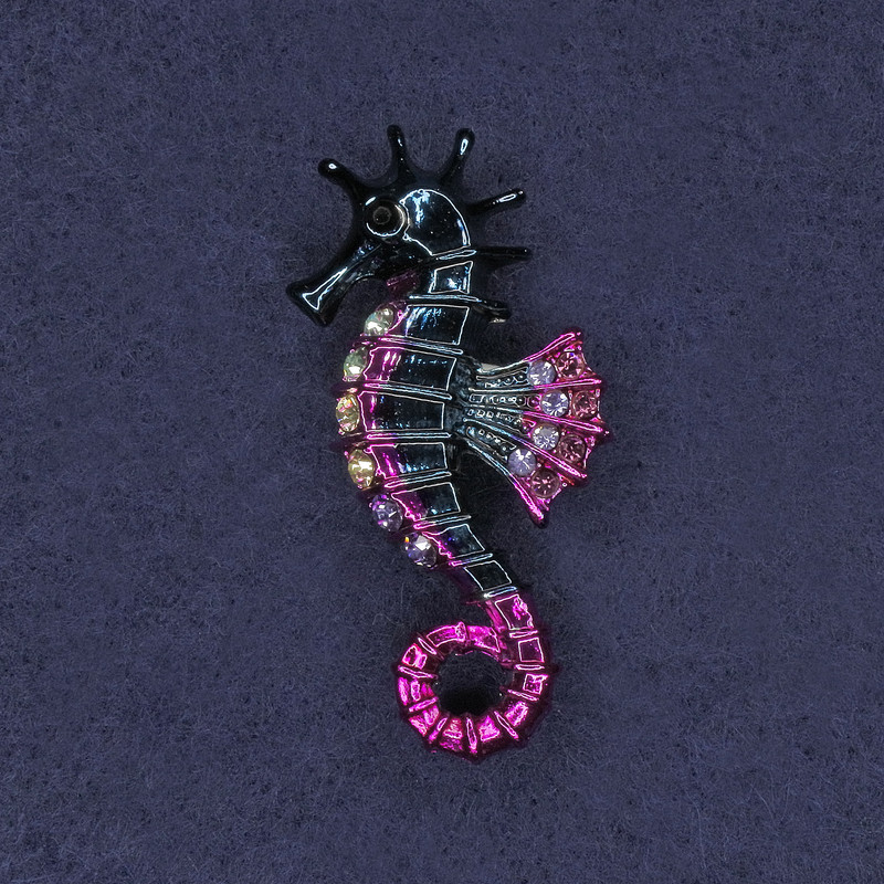 Seahorse Brooch, white and grey rhinestones, pink and blue enamel, silver-tone metal, 26x47mm+