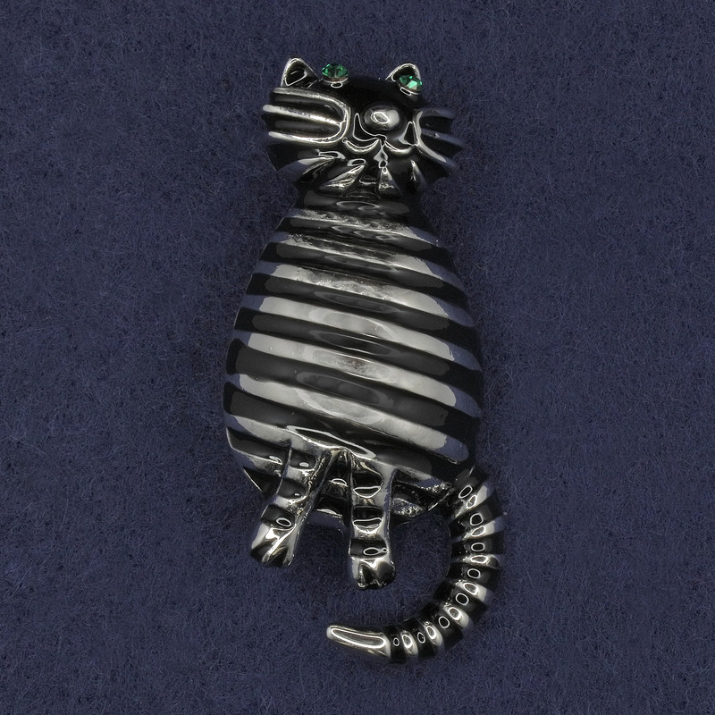 Cat Brooch, green rhinestones, black enamel, silver-tone metal 29x60mm+